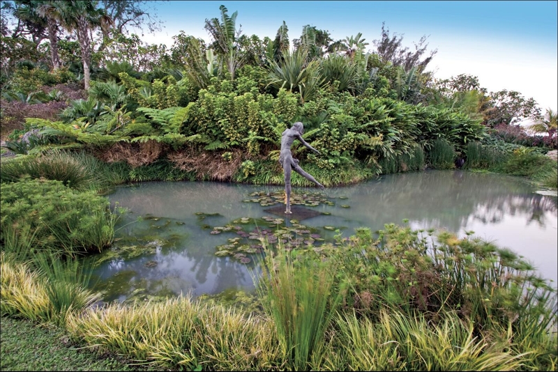 tropical pond with statue