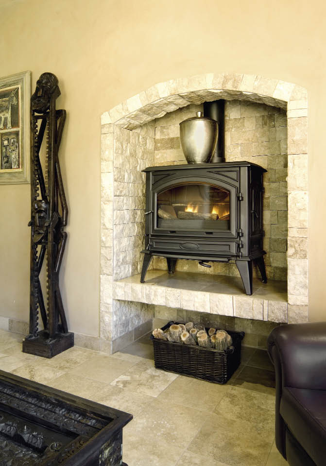  Home Fires (012 663 3911)supplied the Dovre 760 GM cast-iron fireplace. This efficient model is primarily built for anthracite and features a standard gravity-fed hopper system. Other features include a cast-iron riddling grate, double-walled cast-iron sides, air-wash system to keep glass clean, as well as side door, top and rear flue connections.