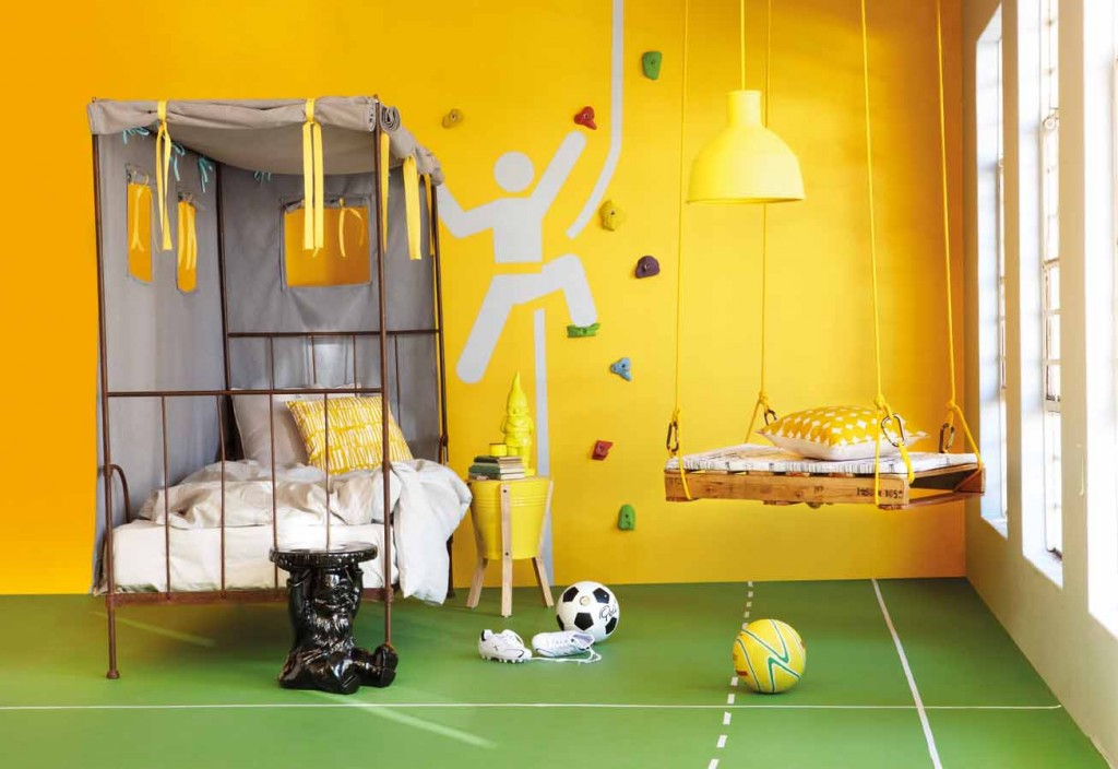 Get sporty - Accessories: Bed, Artefect. Grey flat linen sheet, Aldona Interiors. Grey bedding and cushion, Salome Gunter Interiors. Graphic yellow cushions, Vamp. Fabric for tent over bed frame and swing seat cover, Mavromac. Black gnome, Kartell. Bucket chair and yellow gnome, both Quirky.Me. Soccer shoes and netball ball, Mr Price Sport. Soccer ball, Game. Yellow rope, CD Fox. Carabiners, Marine Equipment Supplies. Yellow light, Entrepo.